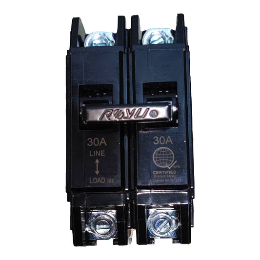 A pair of black 30A circuit breakers with silver metal screw terminals and a silver handle, shown against a plain white background.
