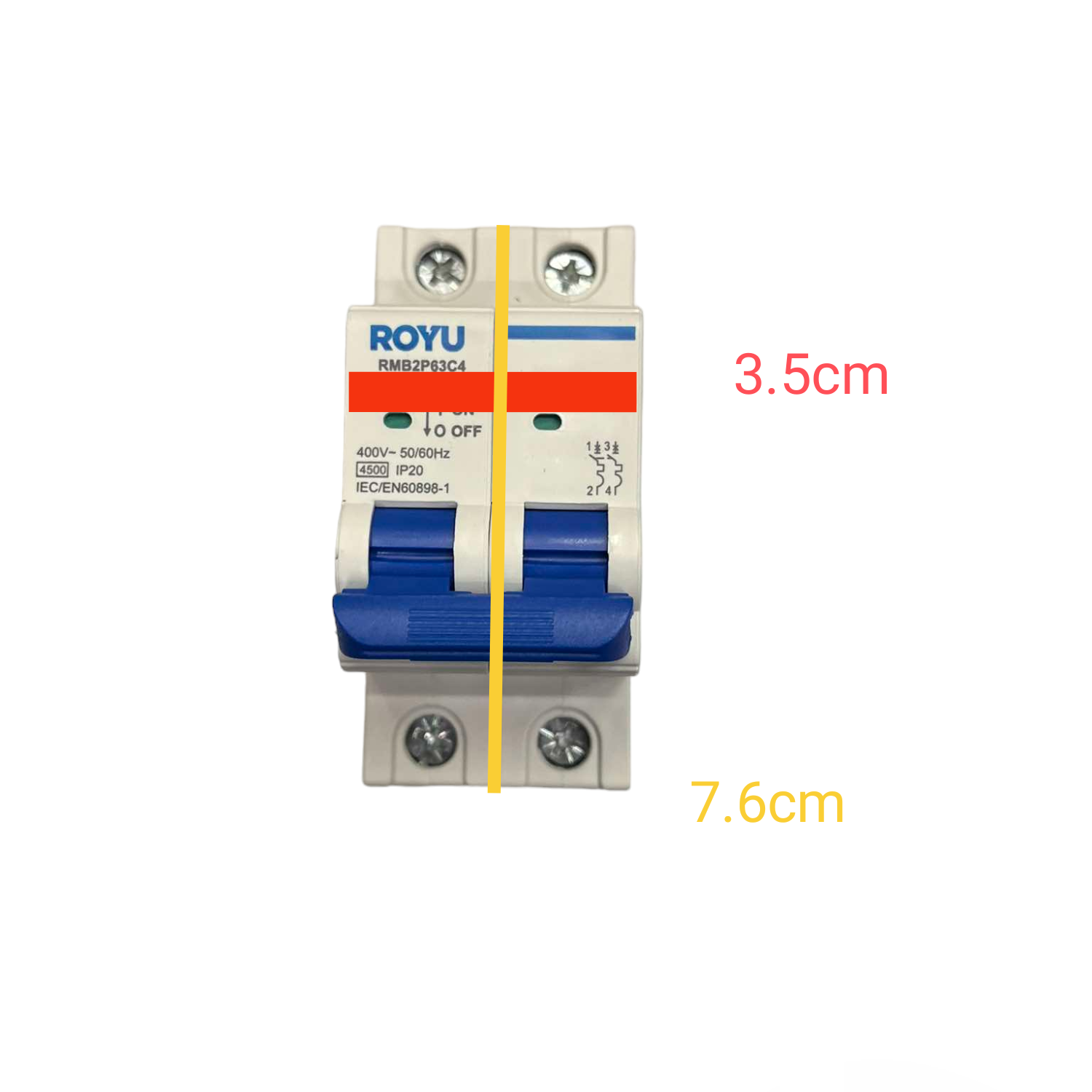 Electric circuit breaker with dimensions labeled on a white background
