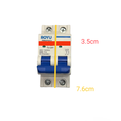 Electric circuit breaker with dimensions labeled on a white background