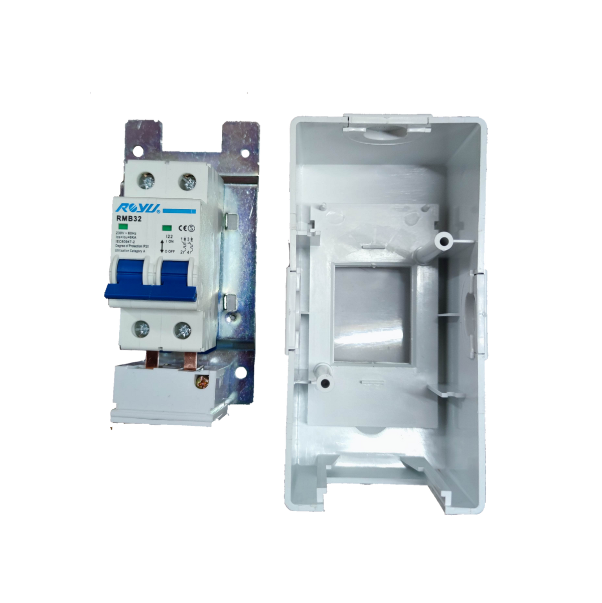 Royu 32A Circuit Breaker 220V 6KIAC dual pole unit on metal mounting plate with white plastic enclosure box