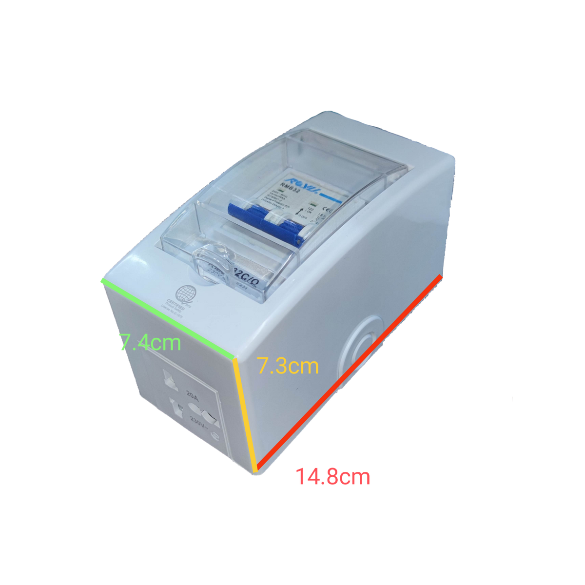 Royu white protective enclosure with clear cover showing 32A Circuit Breaker 220V 6KIAC compact 14.8 by 7.4 by 7.3 cm