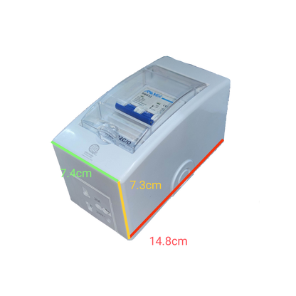 Royu white protective enclosure with clear cover showing 32A Circuit Breaker 220V 6KIAC compact 14.8 by 7.4 by 7.3 cm