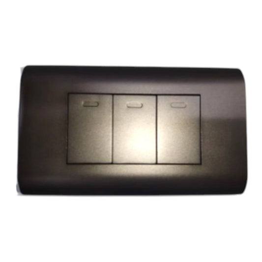 A three-button light switch plate in a dark metallic bronze finish, shown against a plain white background.