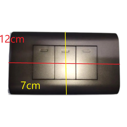 A three-button wall switch plate shown on a white background with red, yellow, and black measurement overlays indicating dimensions of 12cm, 7cm, and centering.