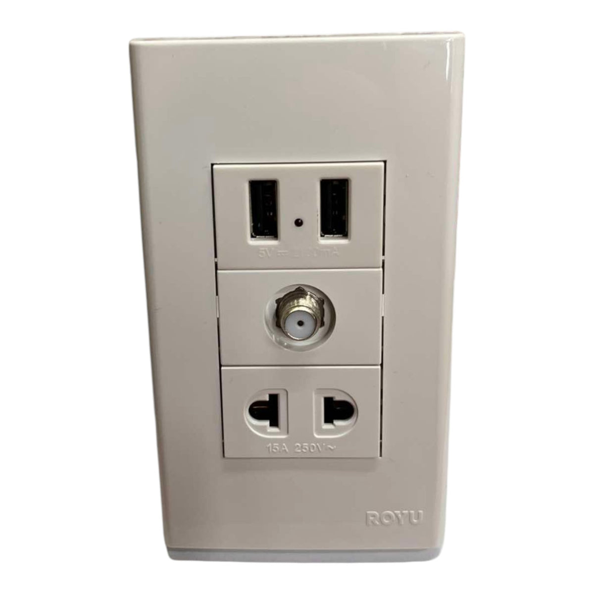 A single ROYU wall outlet with multiple connection ports, including two US standard outlets, a coaxial cable input, and a USB-A port, in a light beige plastic faceplate.