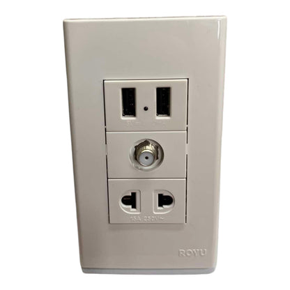 A single ROYU wall outlet with multiple connection ports, including two US standard outlets, a coaxial cable input, and a USB-A port, in a light beige plastic faceplate.