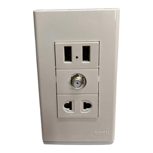 A single ROYU wall outlet with multiple connection ports, including two US standard outlets, a coaxial cable input, and a USB-A port, in a light beige plastic faceplate.