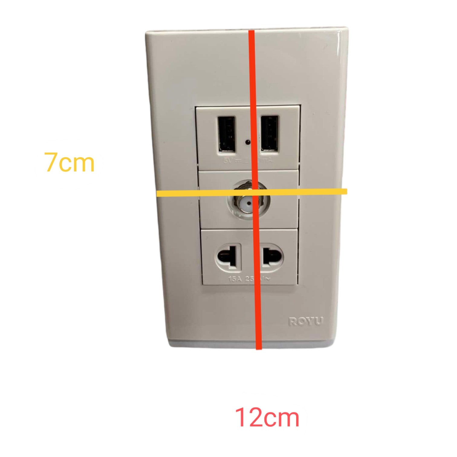 A white electrical outlet panel shown on a white background with measurement annotations: a yellow horizontal line labeled 7cm, a red vertical line, and red text reading 12cm.