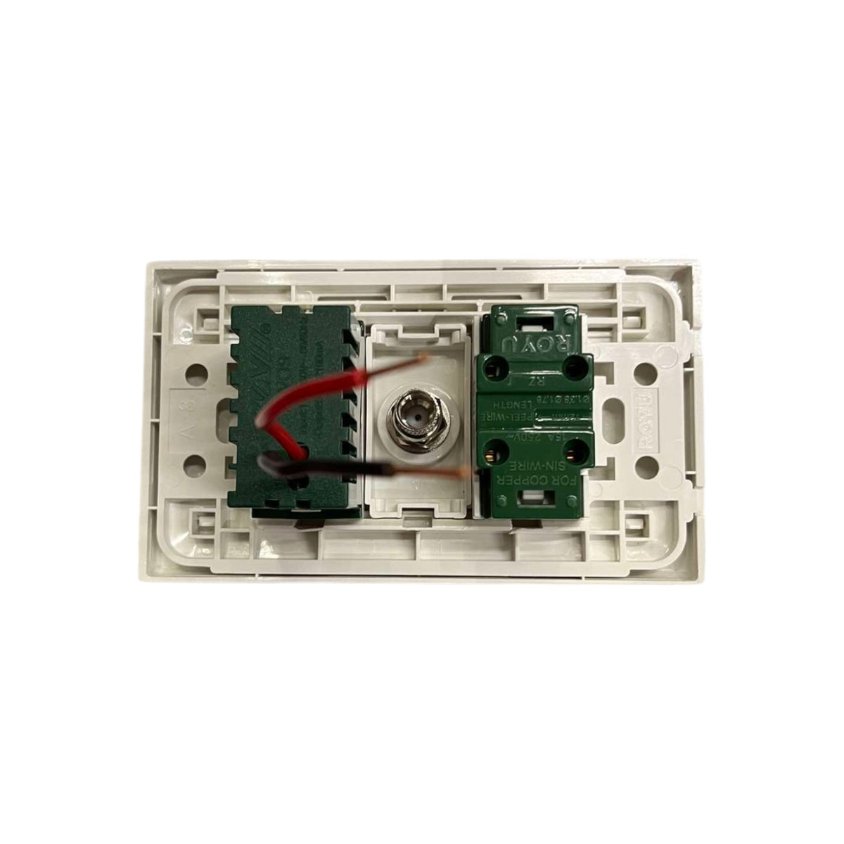 A replacement backplate for a two-way wall switch, showing the internal green circuit boards, terminal screws, and red/black wires inside a white plastic frame.