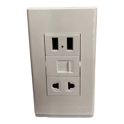 A white plastic dual outlet electrical wall switch panel with a toggle switch and the brand name ROYU printed at the bottom right, shown against a plain white background.