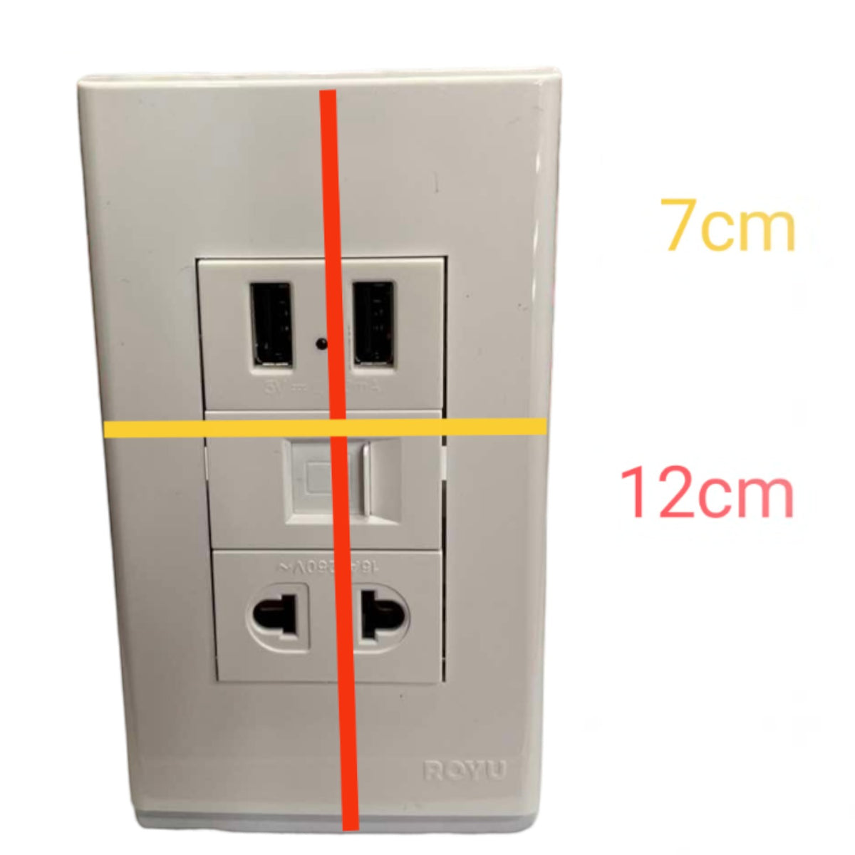 A white wall outlet shown with overlaid dimension lines and text indicating 7 cm height and 12 cm width, on a plain white background.