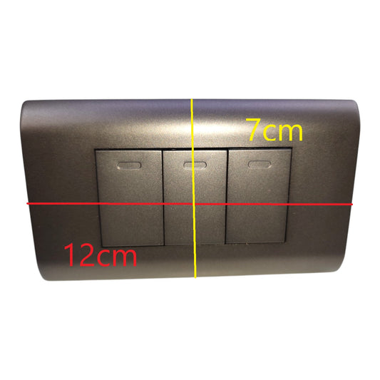A three-button light switch plate shown on a white background with red, yellow, and black dimension lines and text indicating measurements of 12cm, 7cm, and the plate height.