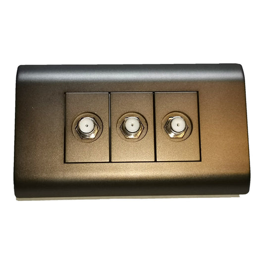 A three-gang outdoor wall switch plate in a textured bronze finish, featuring three individual toggle switches with white centers and silver metal rings.