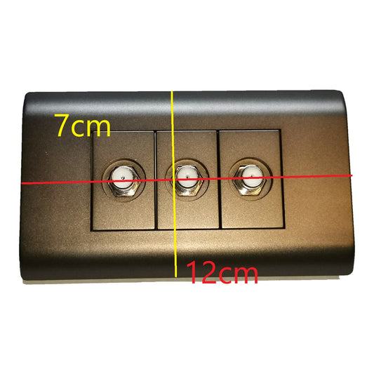 A three-button electrical outlet or switch plate shown on a white background with measurement overlays: a yellow vertical line labeled 12cm, a yellow horizontal line labeled 7cm, and red dimension lines indicating width and height.