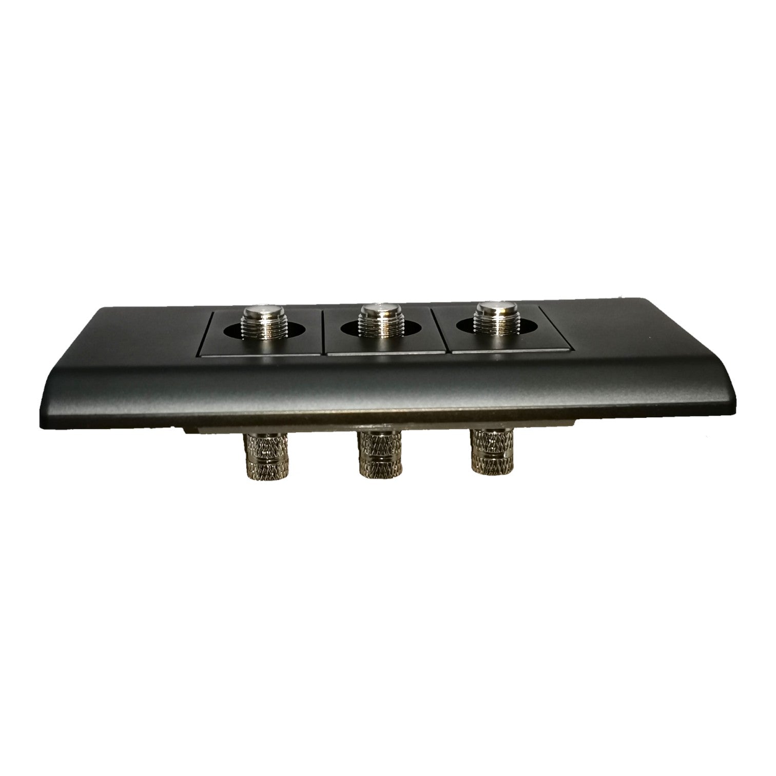 Black clutch bag with a central button on a white background