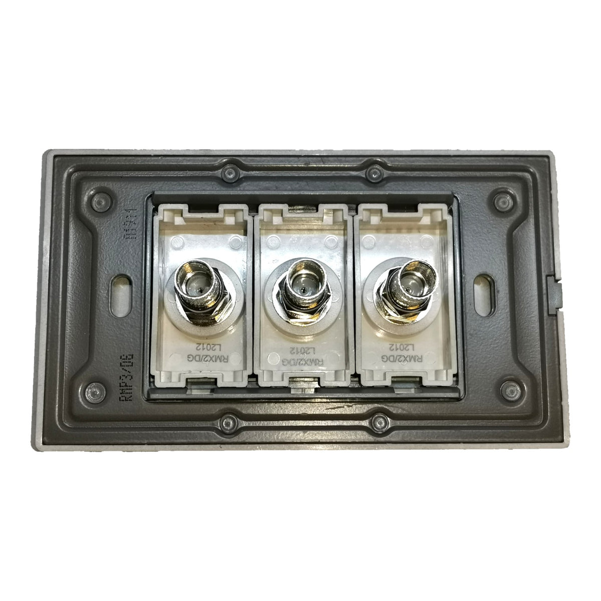 A three-port RF wall jack or connector plate with three silver SMA connectors in a dark gray metal housing, shown against a plain white background.