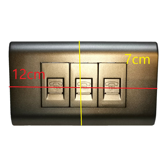 A three-toggle wall switch panel shown on a plain white background with red, yellow, and black dimension lines and text indicating measurements of 12cm and 7cm.