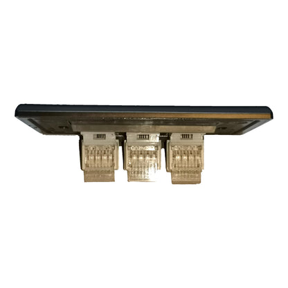 A three-port fiber optic patch panel connector module with clear RJ45-style ports on a dark metal base, isolated on a white background.