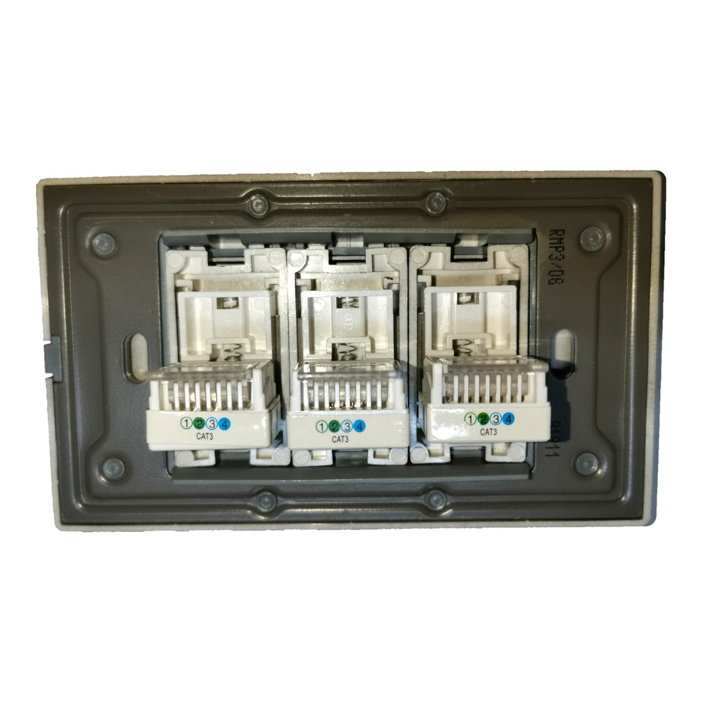 A three-port RJ45 network module kit with three white CAT6 connectors installed in a dark gray metal mounting plate, shown against a plain white background.