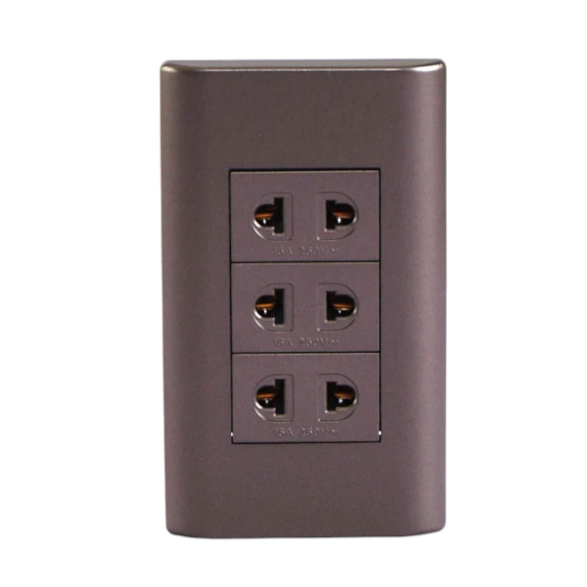 A three-outlet electrical outlet cover plate in a dark metallic bronze finish, shown against a plain white background.