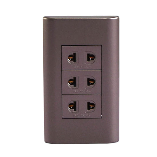 A three-outlet electrical outlet cover plate in a dark metallic bronze finish, shown against a plain white background.