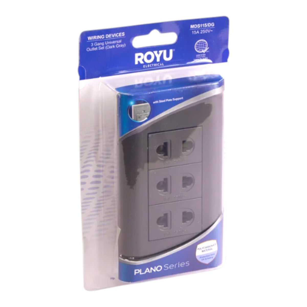 A Royu Electric 3-port power strip in dark gray, packaged in its original blue and white retail blister pack.