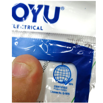 A close-up of a packaged OYU Electrical electrical component, showing a blue and white plastic sleeve with a finger covering part of the front label.