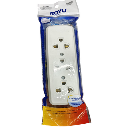 White electrical plug in a Royu packaging on a white background