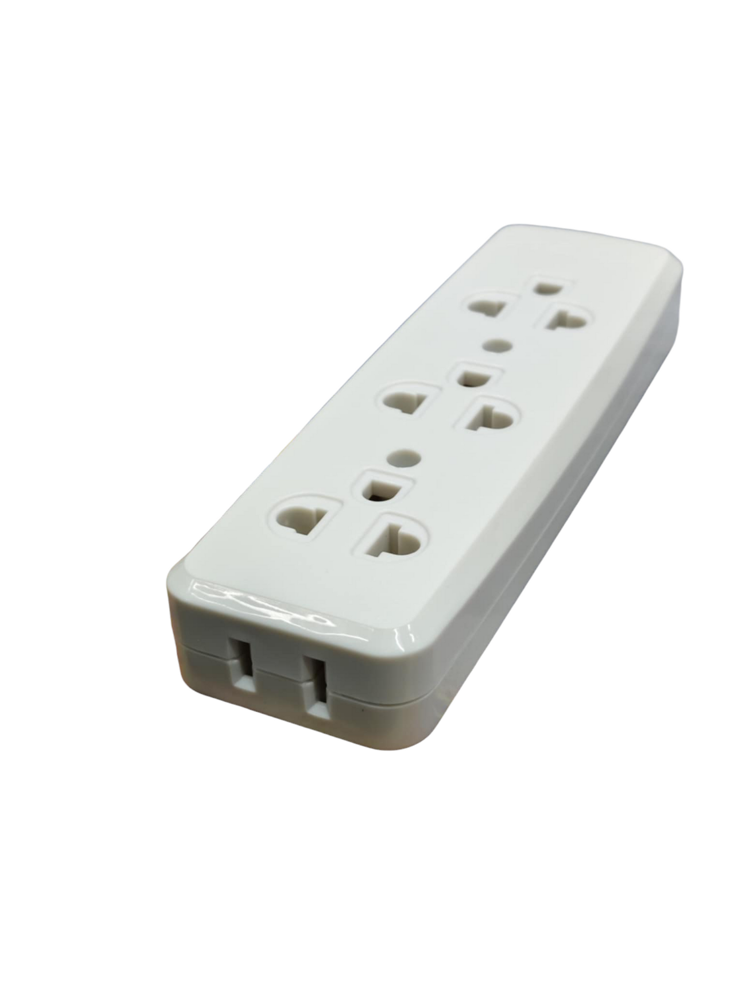 White power strip with multiple sockets on a white background