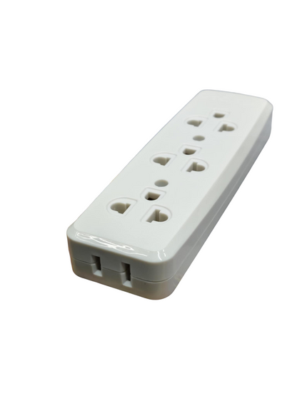 White power strip with multiple sockets on a white background