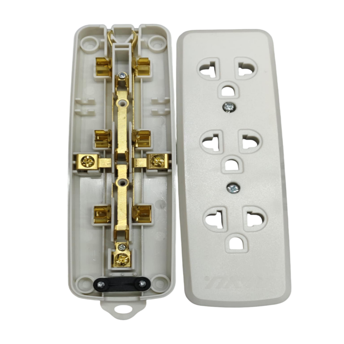 Electrical socket with gold contacts on a white background