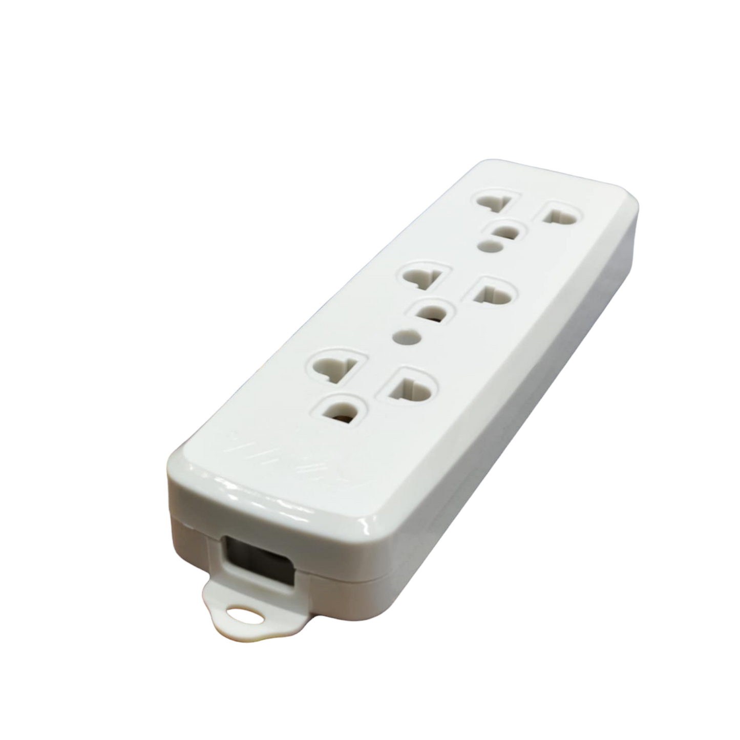 White power strip with multiple sockets on a white background
