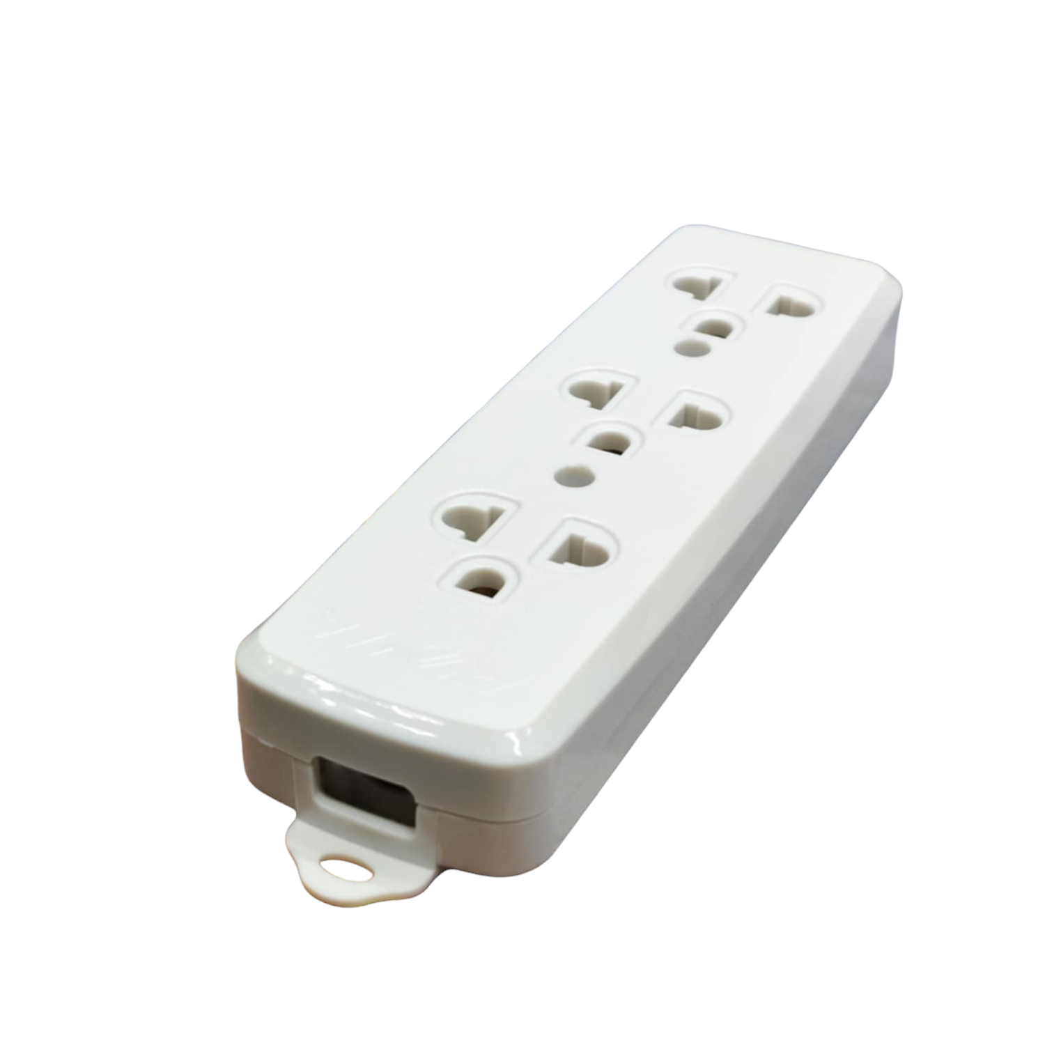 White power strip with multiple sockets on a white background