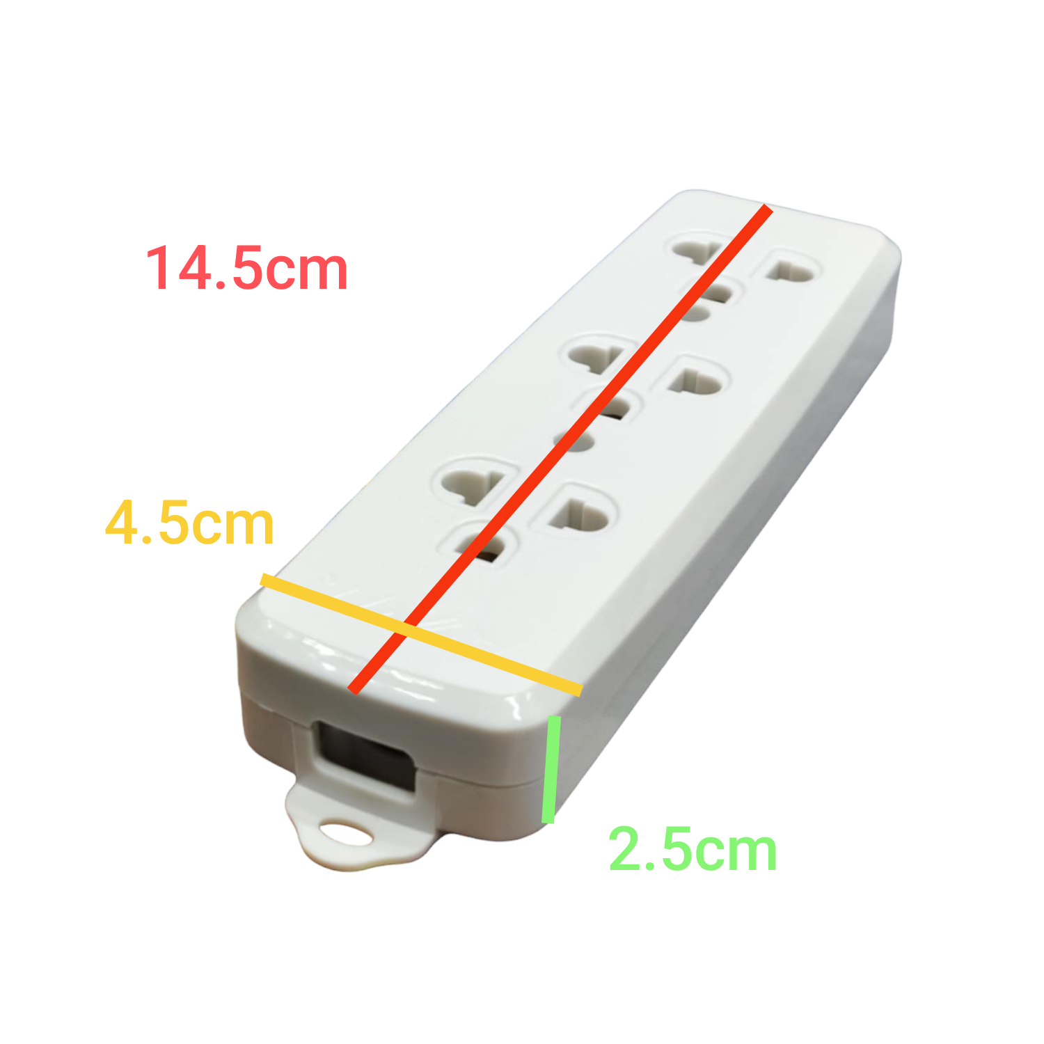 White multi-outlet power strip shown on a light gray background with red, yellow, and green dimension lines and text indicating 14.5cm length, 4.
