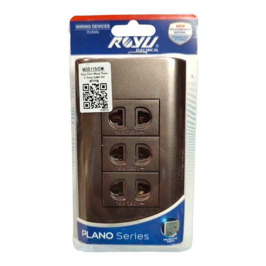 ROVI Electric AL Plano Series 4-outlet wall outlet in a dark bronze finish, packaged in its original retail blister pack with a blue and white header card.