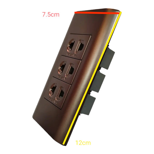 A four-outlet electrical power socket panel with a dark bronze finish, shown at an angle with yellow and red dimension lines indicating 7.5cm width and 12cm depth on a white background.