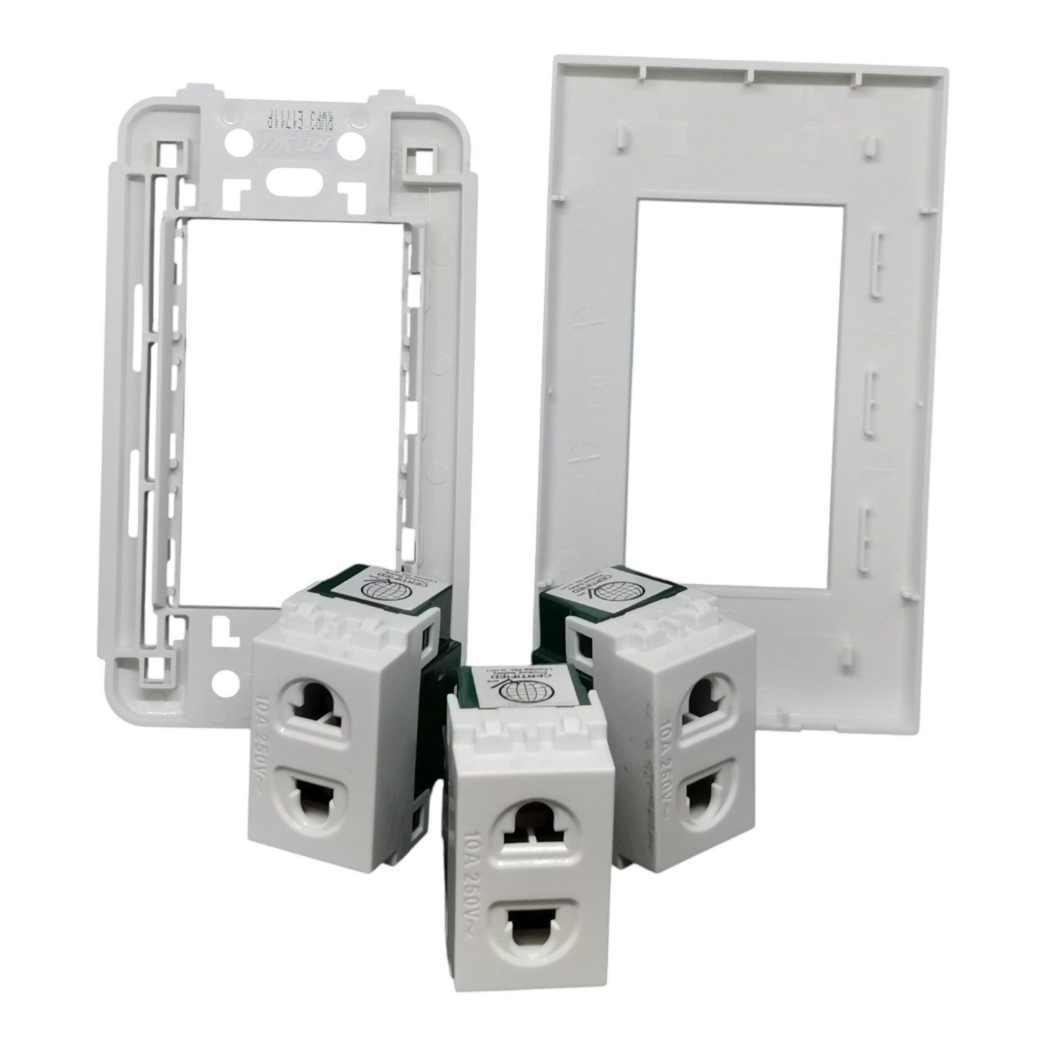White plastic modular wall switch and outlet components, including two rectangular frame faces and three terminal blocks, shown on a plain white background.