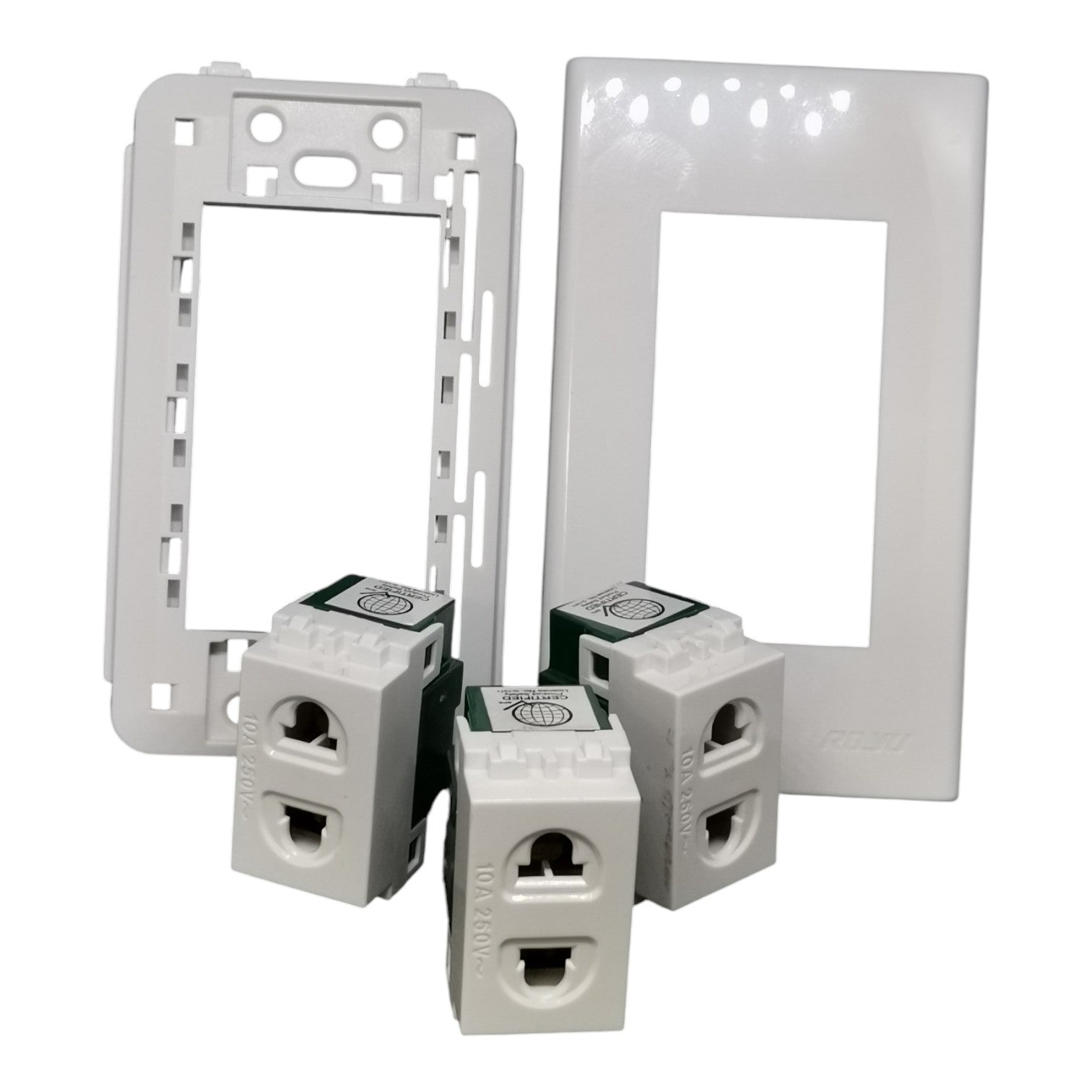 White electrical wall switch and outlet components on a plain white background, including a rear plate, front plate, and two terminal blocks.
