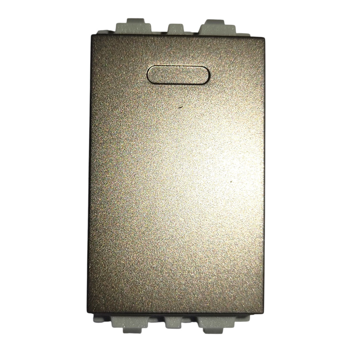A rectangular metal electrical box or enclosure with a textured metallic finish, featuring a small horizontal slot on the front and gray connector components at the top and bottom, isolated on a white background.