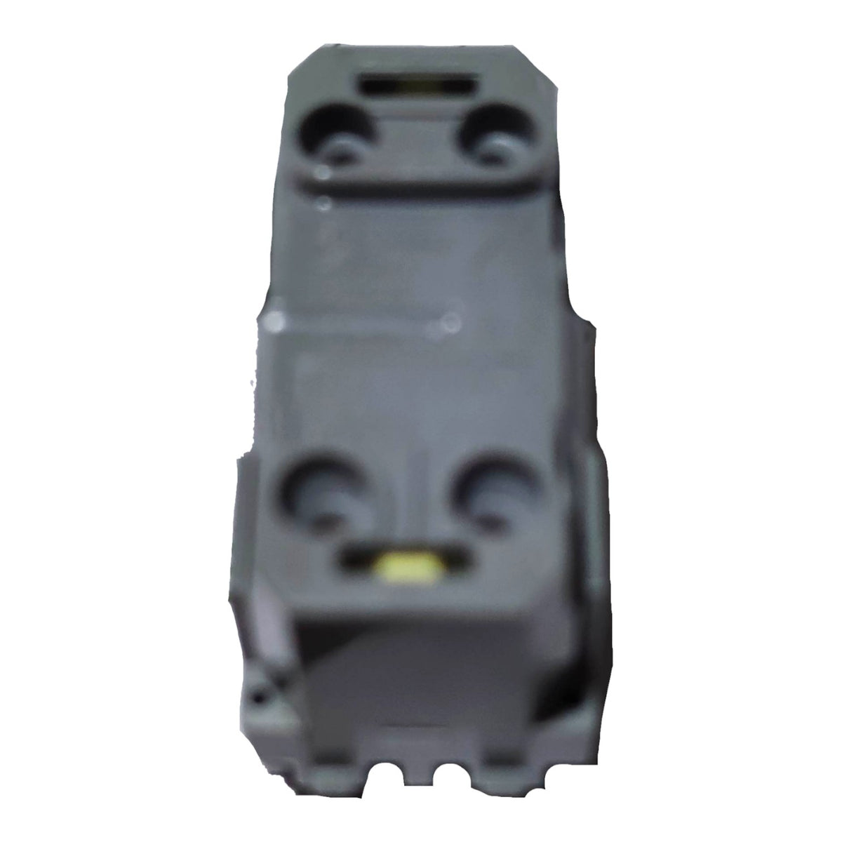 A dark gray plastic electronic component or connector with molded circular details and a small yellow accent, isolated on a white background.