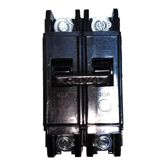 A pair of black double-pole circuit breakers side-by-side, featuring a central handle with the brand name 'REXEL' embossed on it. The breakers are marked as 40A and have silver metal screw terminals at the top and bottom, shown against a plain white background.