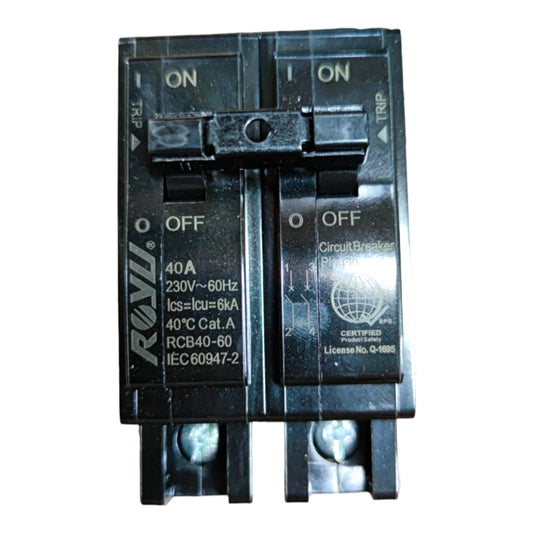 A black dual-pole circuit breaker with white printed text and labels, shown against a plain white background.