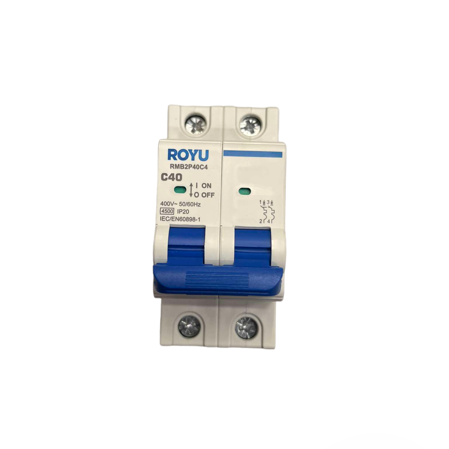 Electrical circuit breaker with 'ROYU' branding on a white background