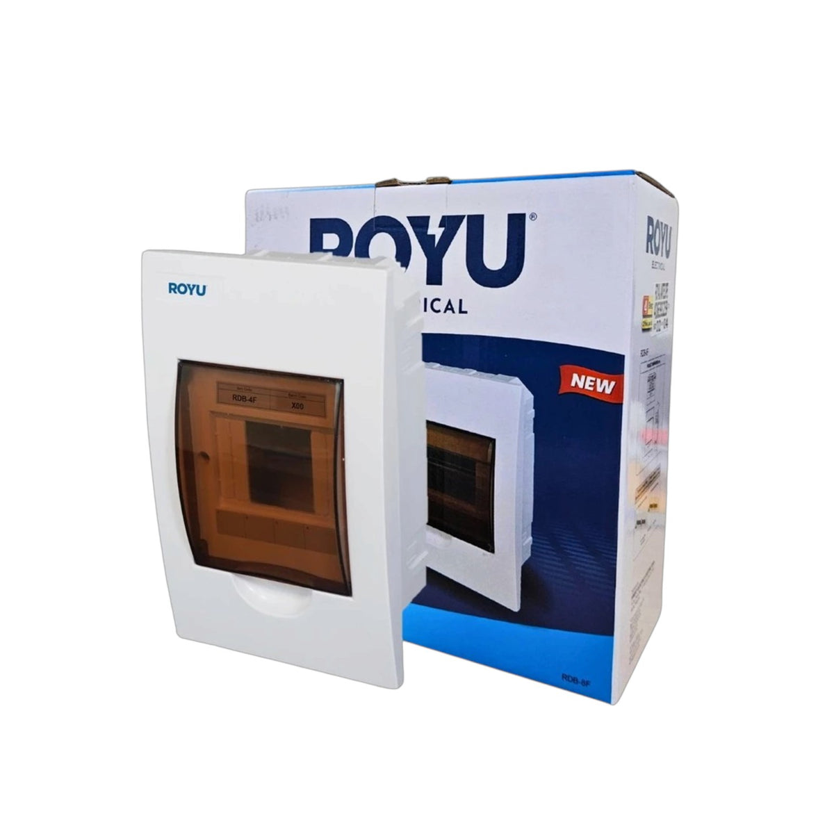 A white ROYU wall-mounted oven door with a brown glass window, shown in front of its blue and white retail packaging box on a white background.