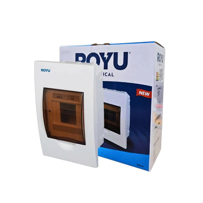 A white ROYU wall-mounted oven door with a brown glass window, shown in front of its blue and white retail packaging box on a white background.