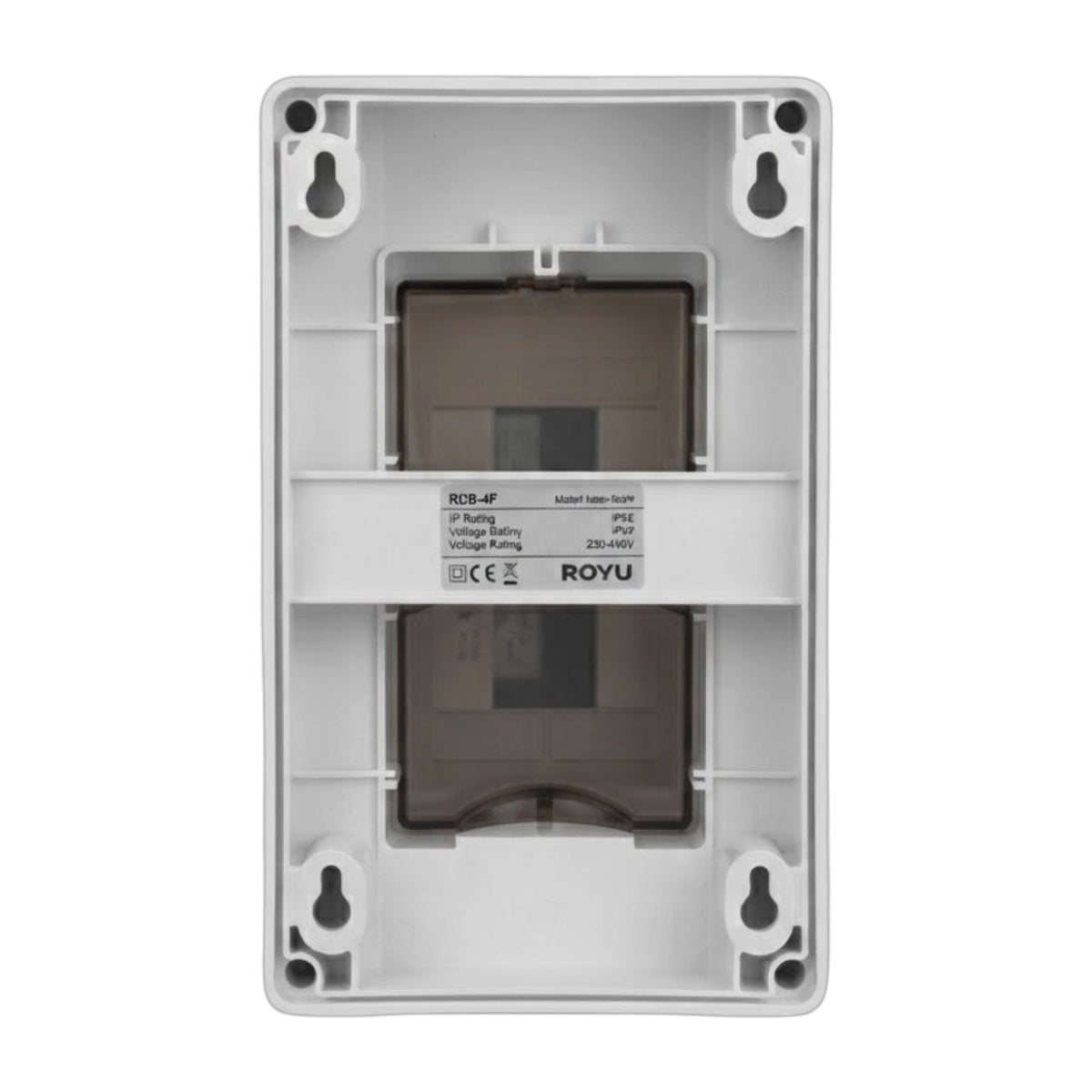 A Royu brand IP-based voltage sensing module, shown from the back with its gray plastic housing and translucent brown internal components visible.