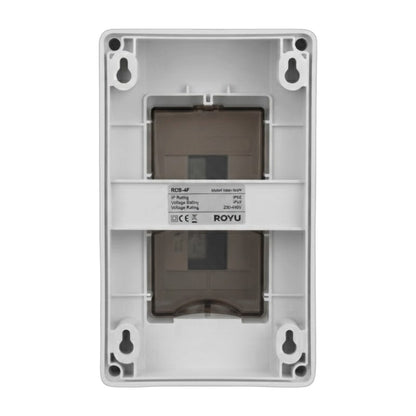 A Royu brand IP-based voltage sensing module, shown from the back with its gray plastic housing and translucent brown internal components visible.