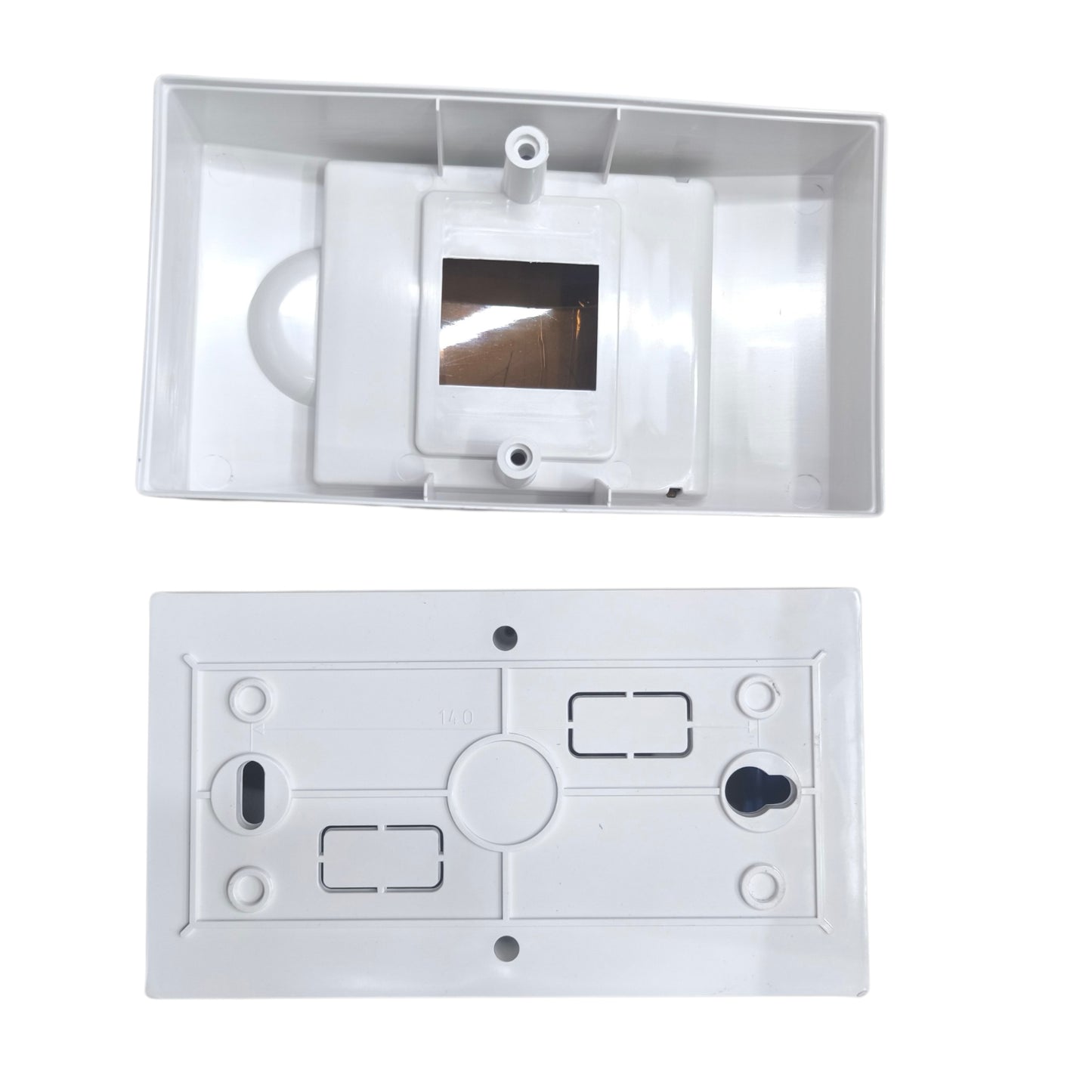 Two white wall-mounted electronic devices on a white background