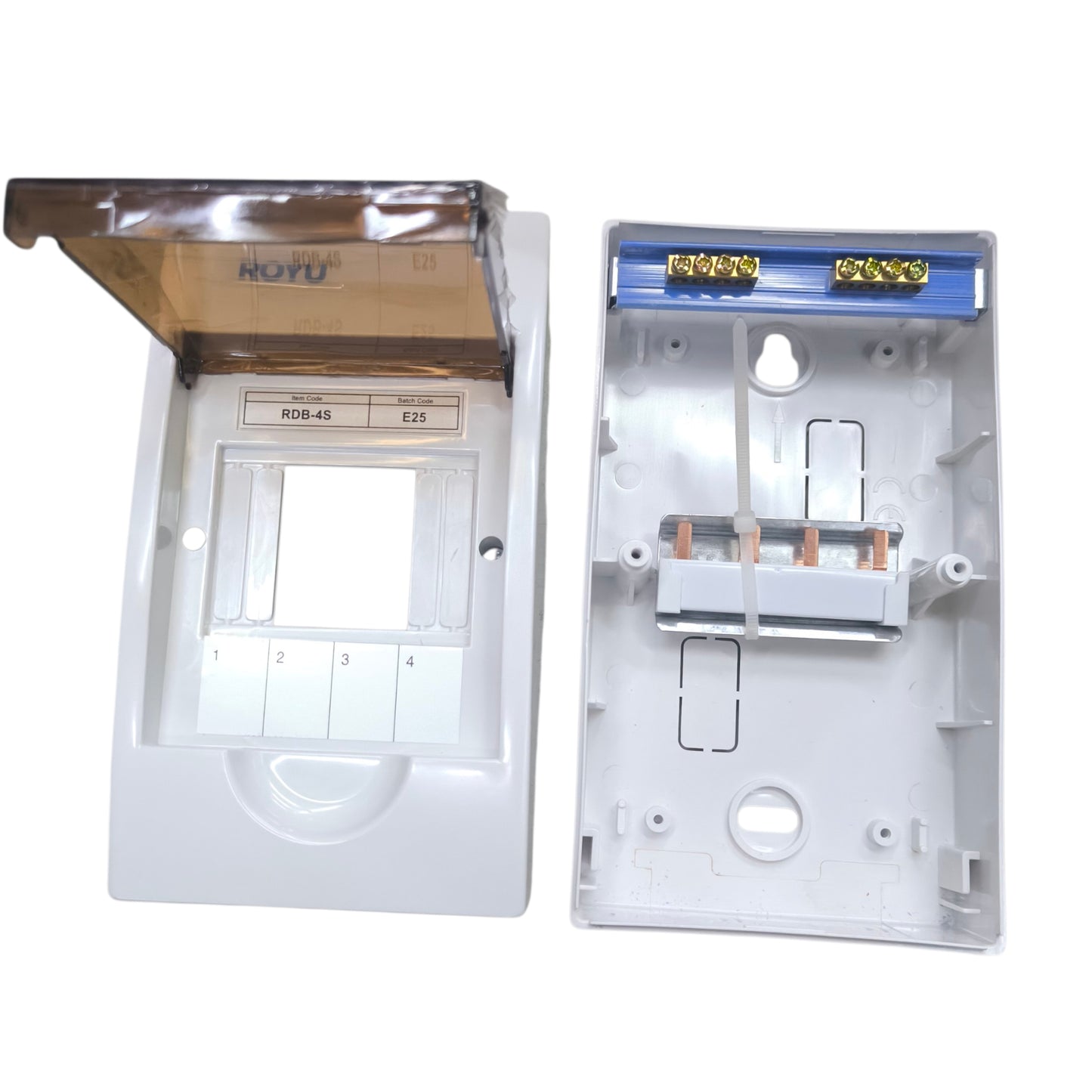 Electrical junction box with wiring on a white background