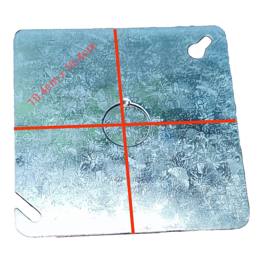 A square metal jewelry display card with a hanging hole in the top right and two angled cutouts in the bottom left, overlaid with red crosshairs and red text indicating 10.4cm x 10.